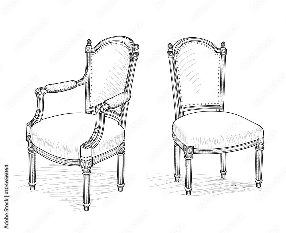 Furniture set. Interior decor collection: chair and armchair in retro classical style Furniture set. Interior decor collection: chair and armchair in retro classical style