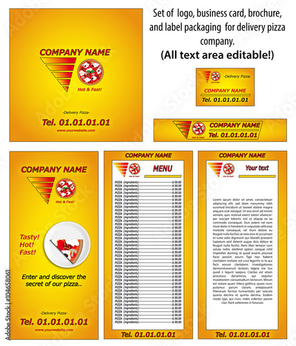 Logo, etichette e brochure per società di consegna pizza