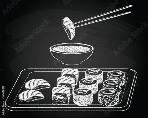 Sushi vintage on the chalkboard background 