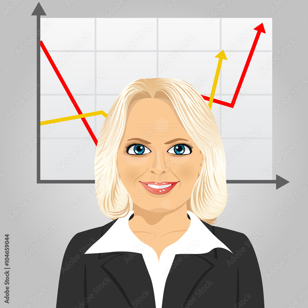 senior businesswoman on a gray background with rising arrow, representing business growth senior businesswoman on a gray background with rising arrow, representing business growth