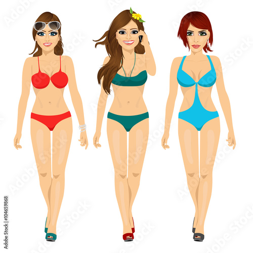 three beautiful fashion girls walking in bikini
