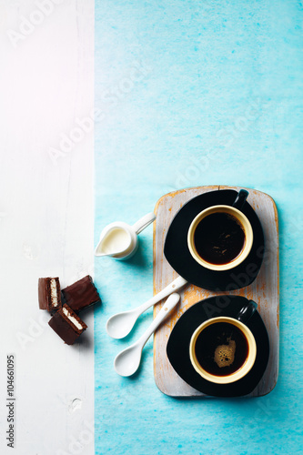 Two Cups of Espresso with Chocolate Cake