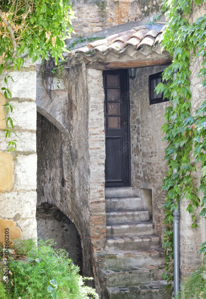 Front door to an old stone house in medieval historic town Vence in French Riviera, with a staircase, entrance to a cellar, green grape vine growing on the wall Front door to an old stone house in medieval historic town Vence in French Riviera, with a staircase, entrance to a cellar, green grape vine growing on the wall