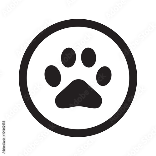Flat black Paw Print web icon in circle on white background
