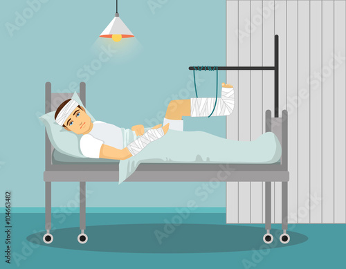 Man with broken leg and hand in Hospital. Vector illustration. 