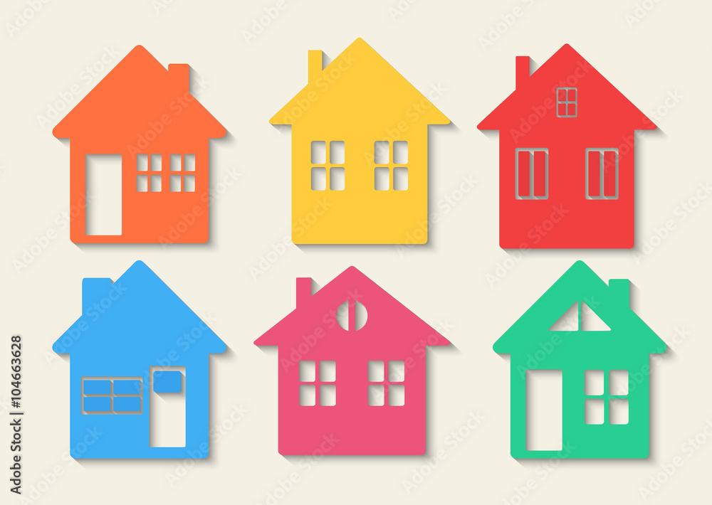 Houses icons set. Real estate. Colourful home icon collection concept.