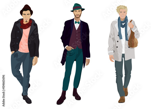 Handsome young guys in fashion and casual clothes isolated.