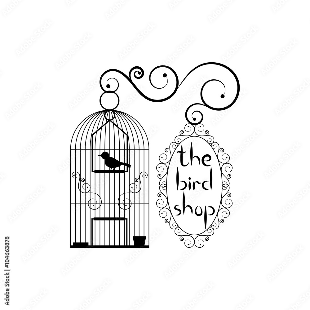 Signboard of bird shop. Birdcage with bird and signboard with title Signboard of bird shop. Birdcage with bird and signboard with title