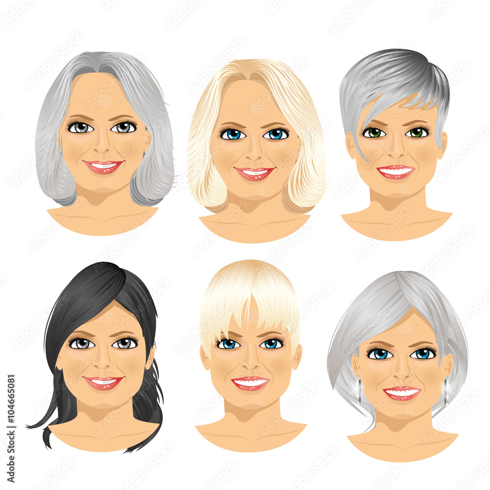 isolated set of mature woman avatar with different hairstyles isolated set of mature woman avatar with different hairstyles
