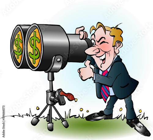 Vector cartoon illustration of a businessman looking through binoculars for money