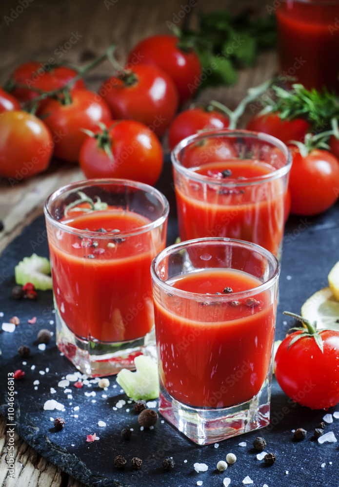 Tomato cocktail with tomatoes, lemon juice, celery, hot pepper a Tomato cocktail with tomatoes, lemon juice, celery, hot pepper a