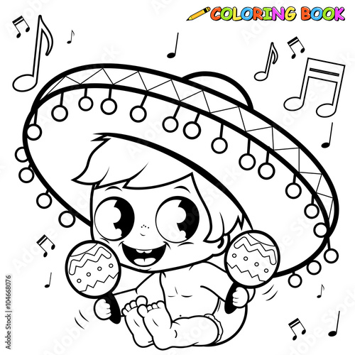 Mexican mariachi baby boy playing the maracas. Vector black and white coloring page.