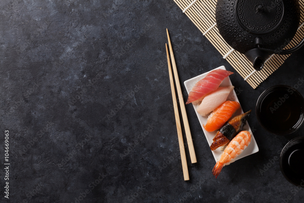 Set of sushi and green tea Set of sushi and green tea