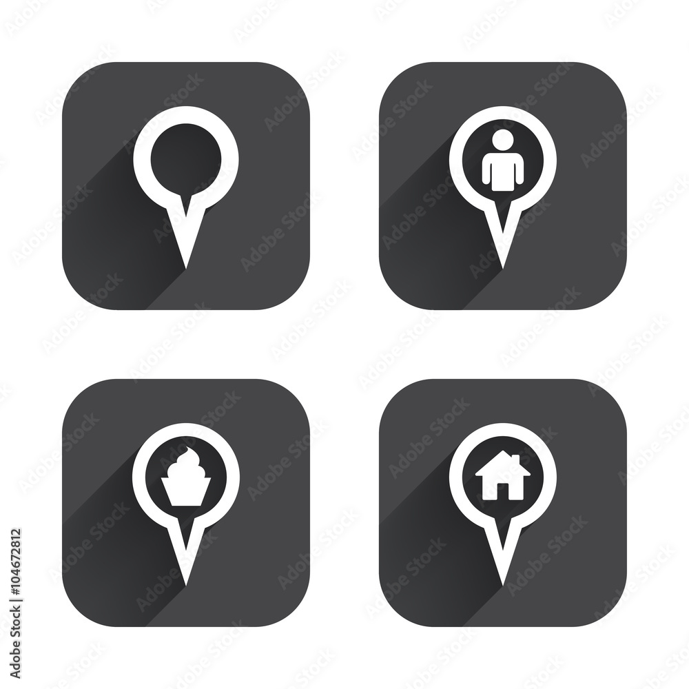 Map pointer icons. Home, food and user location. Map pointer icons. Home, food and user location.
