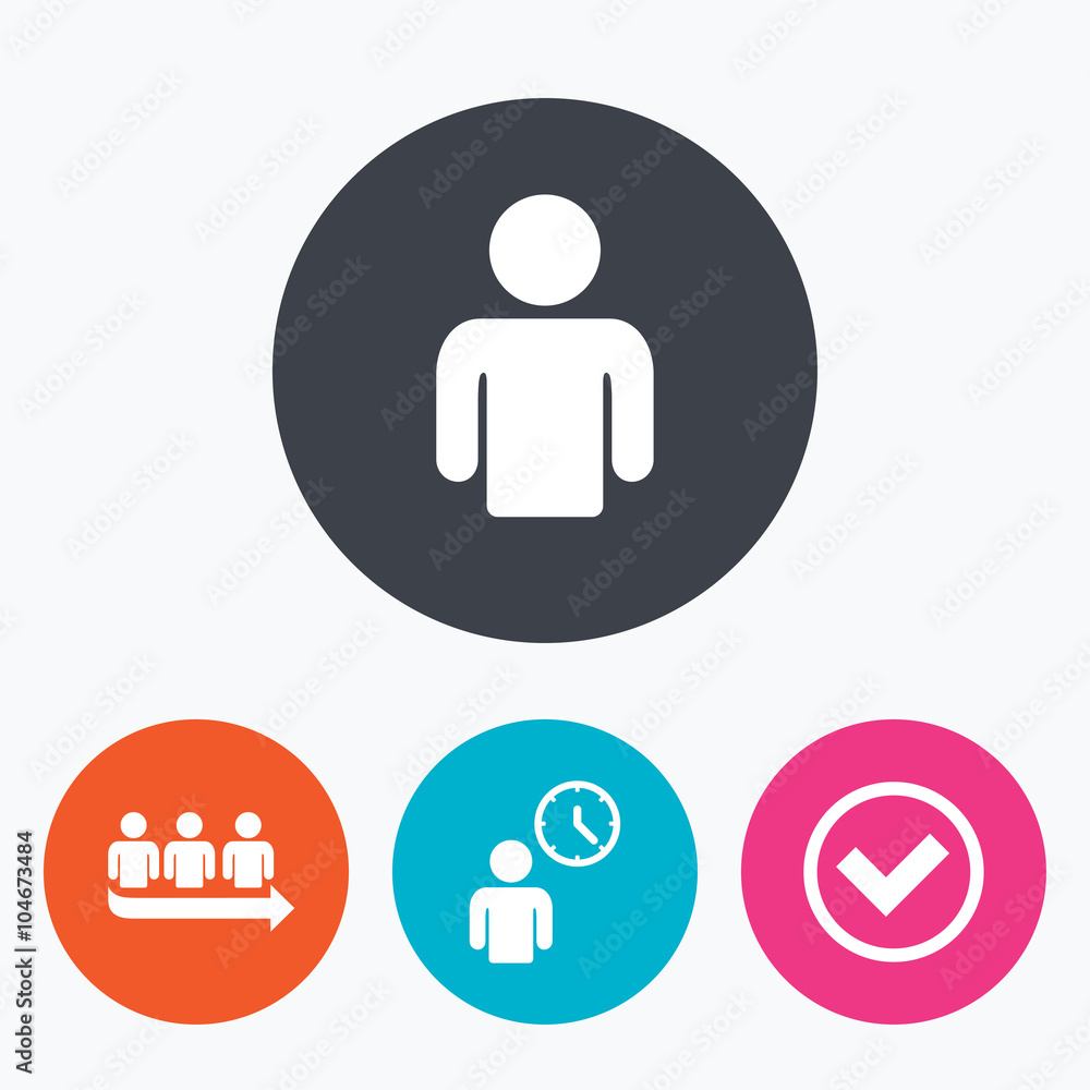 Queue icon. Person waiting sign. Check and time. Queue icon. Person waiting sign. Check and time.