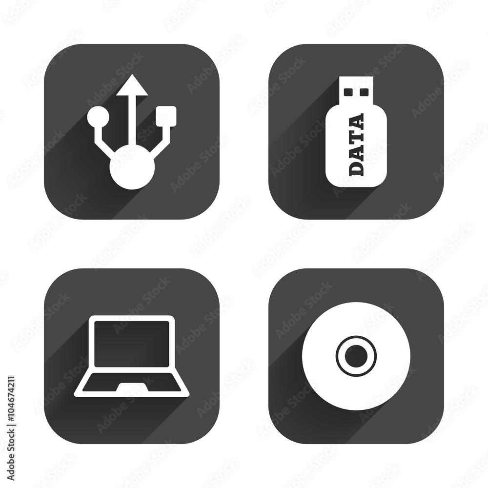 Usb flash drive icons. Notebook or Laptop pc. Usb flash drive icons. Notebook or Laptop pc.