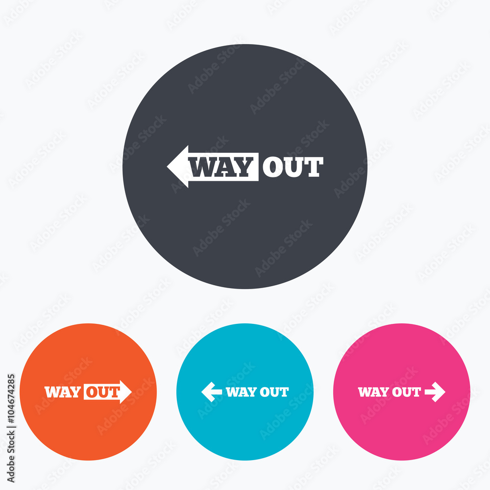 Way out icons. Left and right arrows symbols. Way out icons. Left and right arrows symbols.