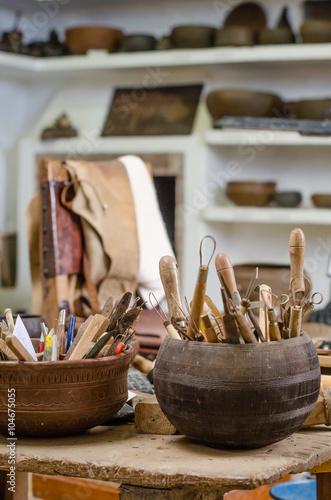 Workshop of a craftsman pottery and tools.