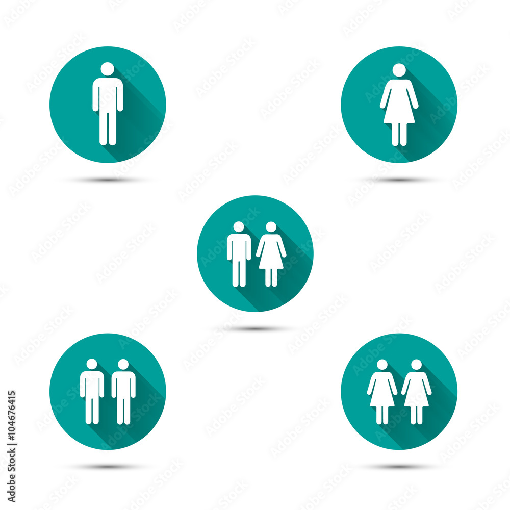 Men and women couples symbols. Simple icons with long shadow.