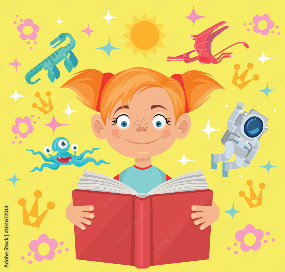 Girl reads fairy tale book. Vector flat cartoon illustration Girl reads fairy tale book. Vector flat cartoon illustration
