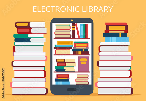 Online library in mobile phone. Vector flat illustration