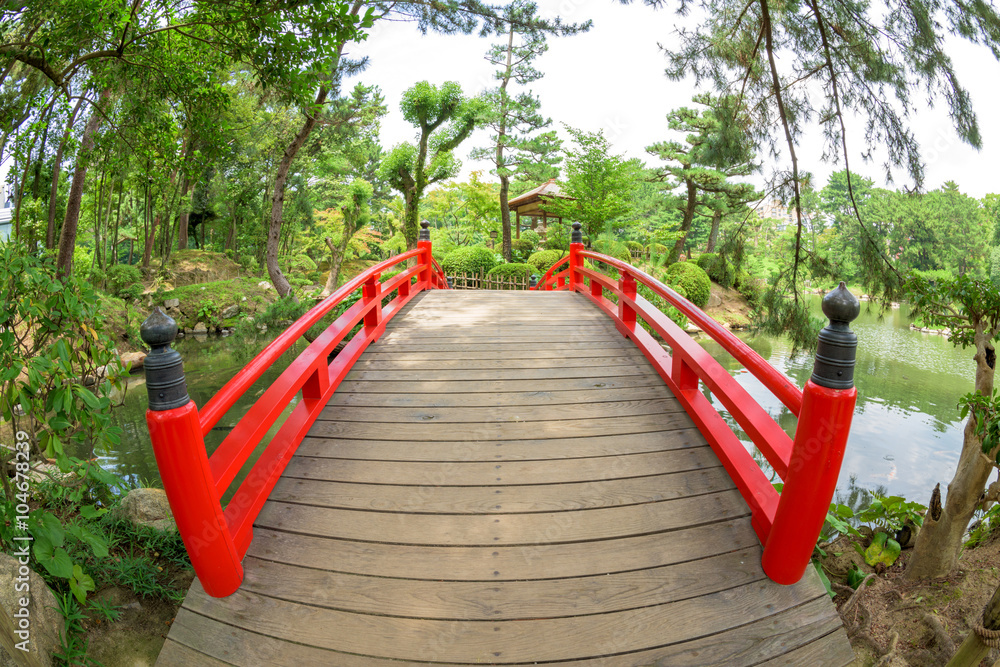 Beautiful red and wood bridge Hiroshima Japan Beautiful red and wood bridge Hiroshima Japan