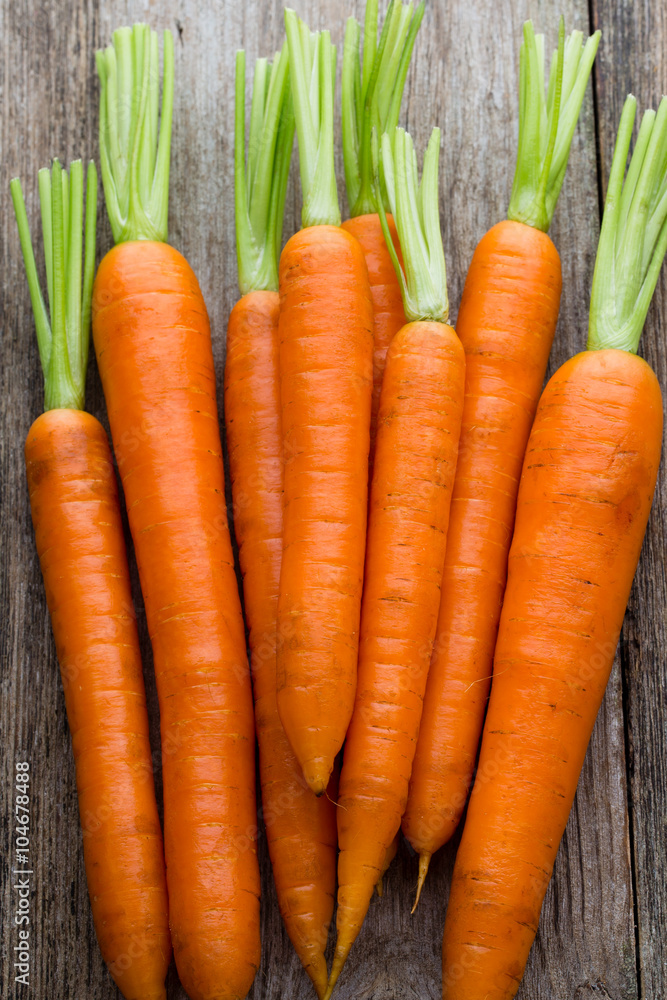 Fresh carrots bunch on rustic wooden background. Fresh carrots bunch on rustic wooden background.