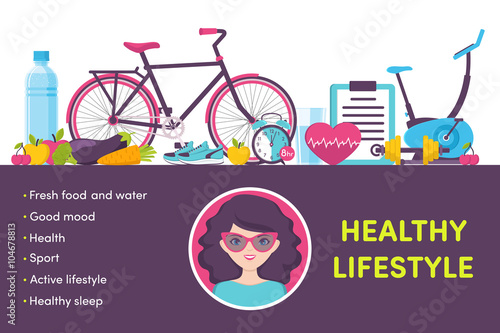 Icons healthy living, sport, food, clock, woman portrait