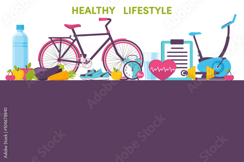 Icons healthy living, sport, food, clock