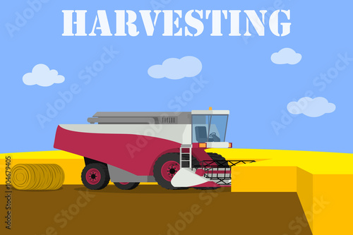 Agricultural machinery - vector red harvester working on the field