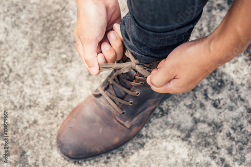 Tying Shoes on cement floor, Men fashion brown leather boots