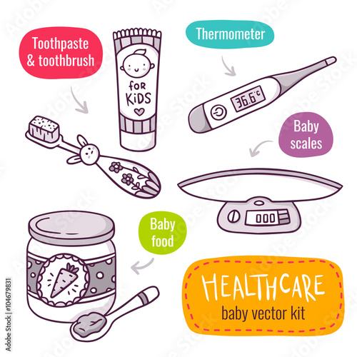 Baby scales, baby food, thermometer, toothpaste and toothbrush - vector line art icon set
