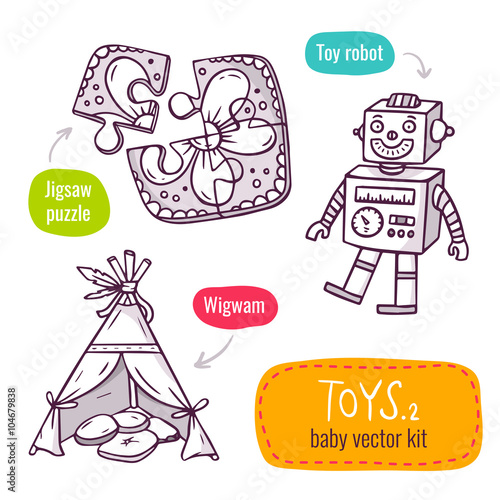 Jigsaw puzzle, vintage robot and wigwam - vector line art icon set