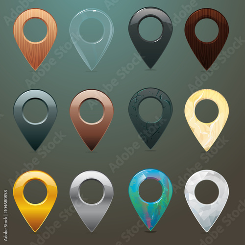 Location pins in different materials and textures