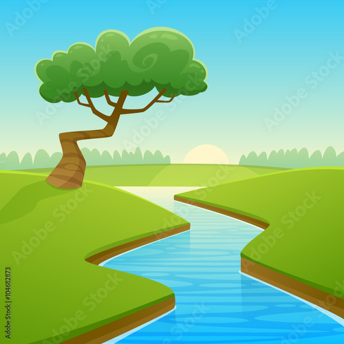 Cartoon illustration of summer rural landscape with river over land and tree.