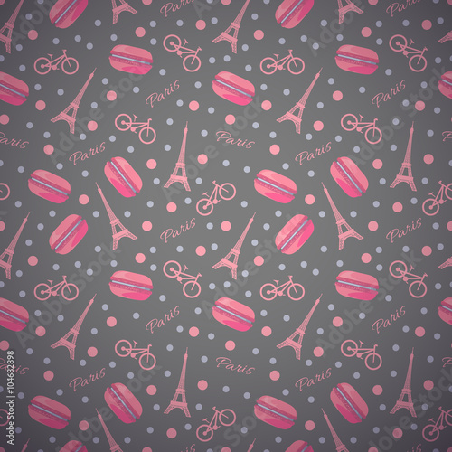 Pattern with tasty macaroons, Eiffel Tower, Paris, bike and dots