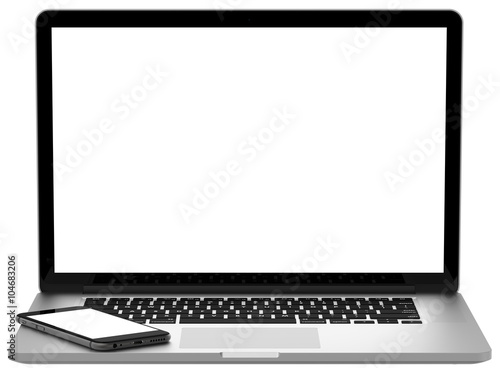 Laptop with blank screen isolated on white background, white aluminium body.Whole in focus. High detailed.