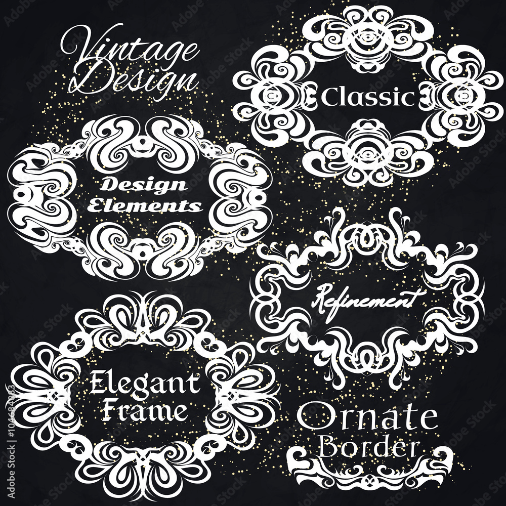 Vintage frame set on black retro background. Calligraphic design elements. Vector elegance vintage frames for your text