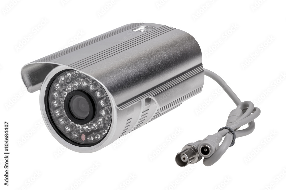 External security surveillance camera with night vision LED backlight isolated on white background External security surveillance camera with night vision LED backlight isolated on white background