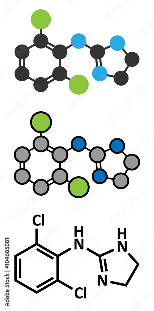 Clonidine drug molecule. Used in treatment of ADHD, hypertension Clonidine drug molecule. Used in treatment of ADHD, hypertension