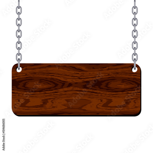 Blank wooden signboard hanging on chain. Vector illustration.