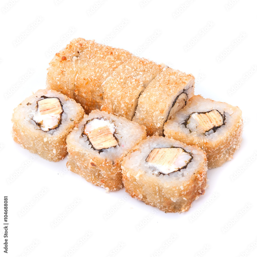 Deep fried japanese tempura roll with tiger prawns, japanese omelette, spicy sauce, cream cheese and crispy breading - isolated in white background