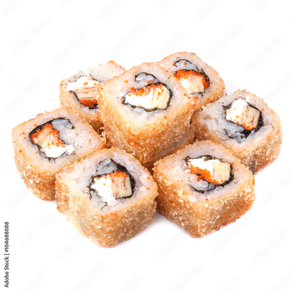 Deep fried japanese tempura roll with japanese omelette, orange caviar masago,unagi sauce, cream cheese and crispy breading - isolated in white background