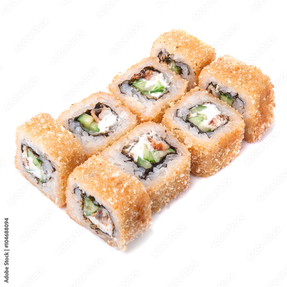 Deep fried japanese tempura roll with eel, cucumber, sesame, cream cheese, unagi sauce and crispy breading - isolated in white background