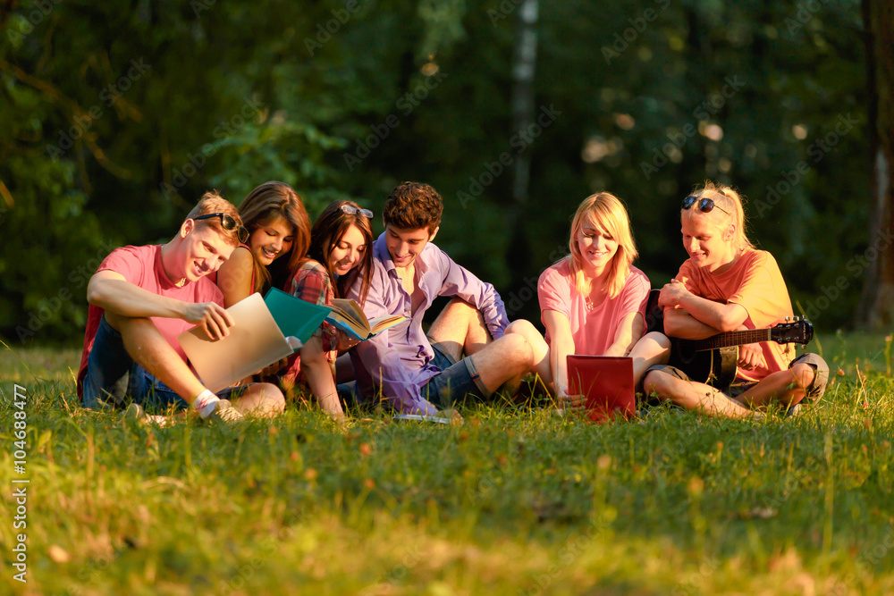 Fototapeta premium group of happy students with books in the Park on a Sunny day