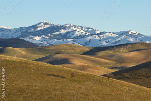 snow covered mountain behind open rolling hills