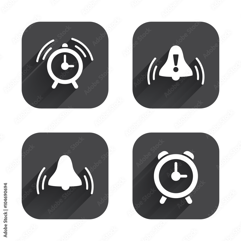 Alarm clock icons. Wake up bell signs symbols. Alarm clock icons. Wake up bell signs symbols.