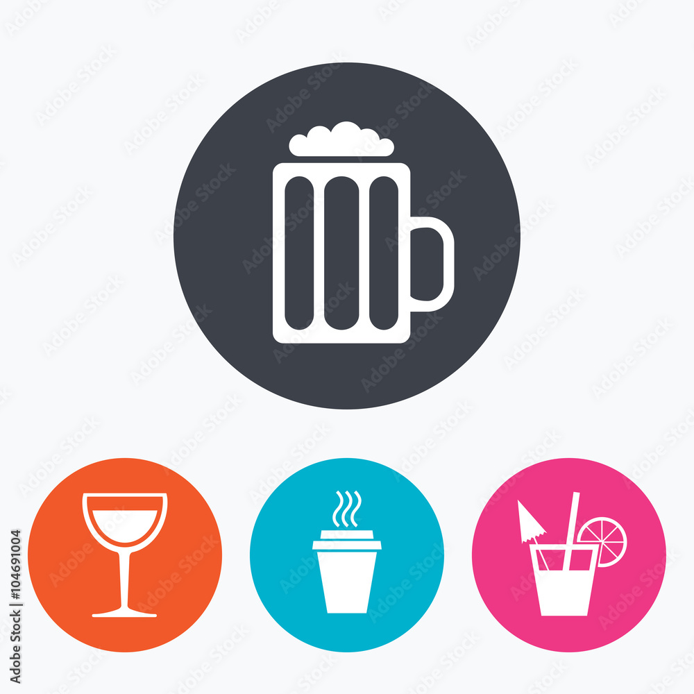Drinks signs. Coffee cup, glass of beer icons. Drinks signs. Coffee cup, glass of beer icons.