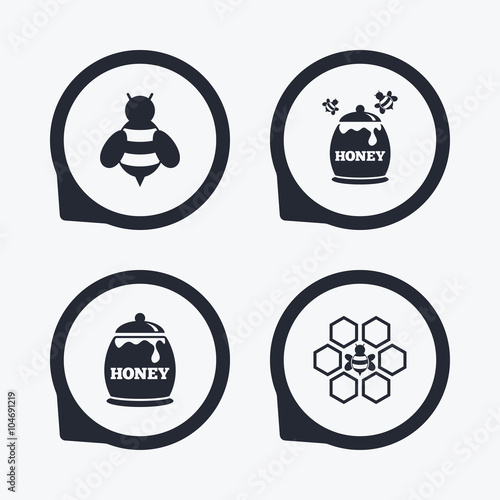 Honey icon. Honeycomb cells with bees symbol.