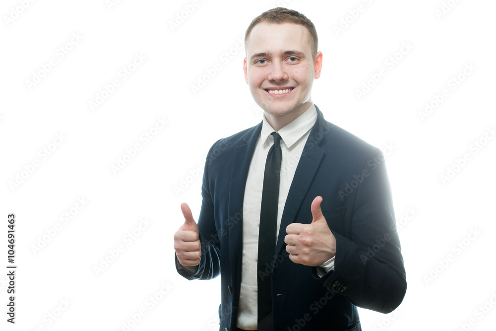 Young smiling businessman with thumb up with two hands Young smiling businessman with thumb up with two hands